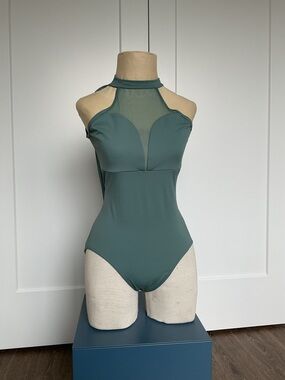 Halter Mesh Panel leotard - Teal Green M